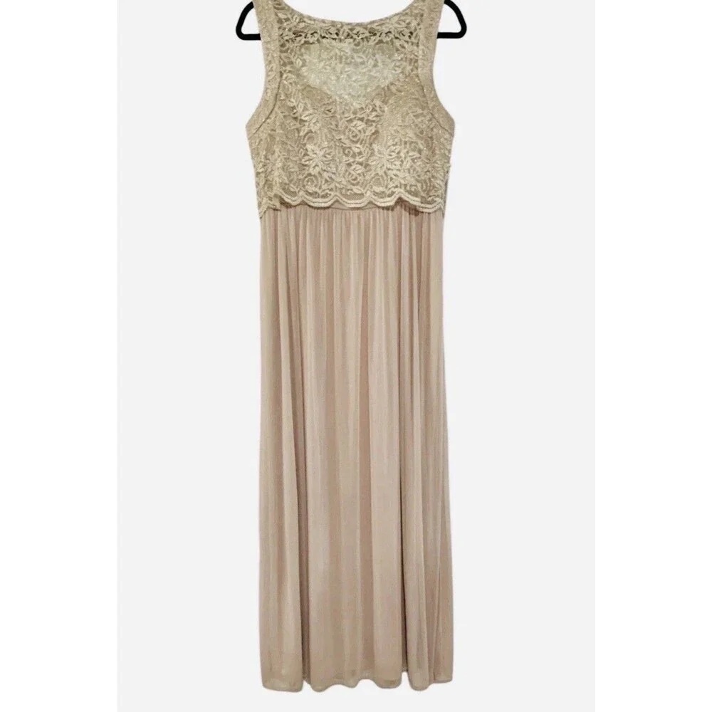 Nightway Champagne Lace Formal Empire Elegant Prom Wedding Dress Gown Size 14P - Picture 2 of 14